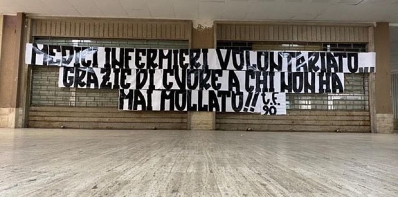 Messina, striscione dei Testi Fradici per i sanitari impegnati nell’emergenza Covid-19